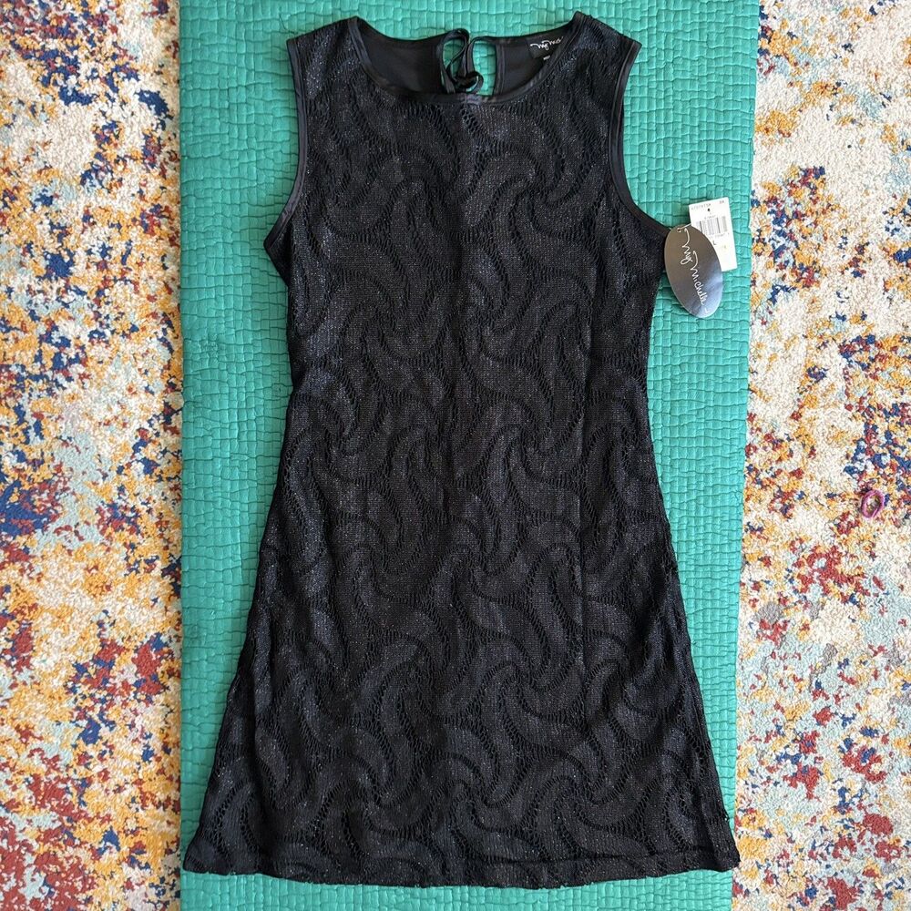 Vintage 90s Y2K My Michelle Dress L Black Silver Sparkly Lace Trim Made in USA